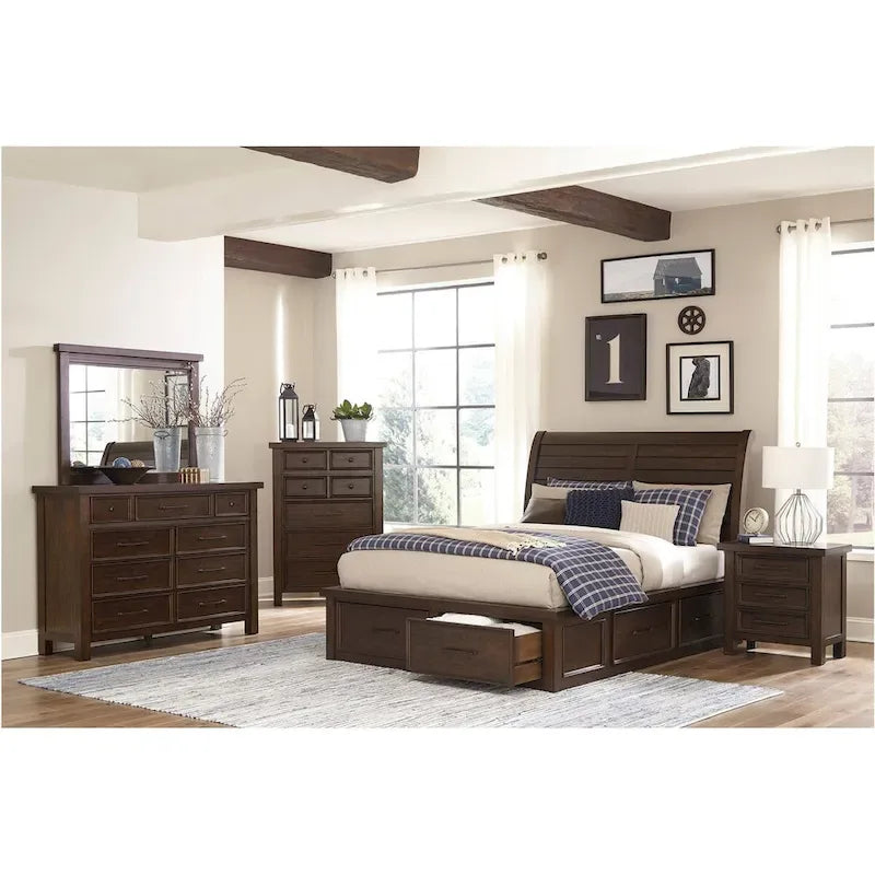 Ensemble de chambre à coucher moderne Salma 5 pièces marron avec plateforme et rangement