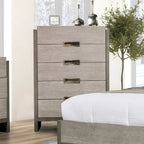 Ensemble de chambre à coucher 6 pièces Cruz de Furniture of America, style contemporain, en bois massif gris, comprenant un lit, 2 tables de chevet, une commode, un chiffonnier et un miroir.