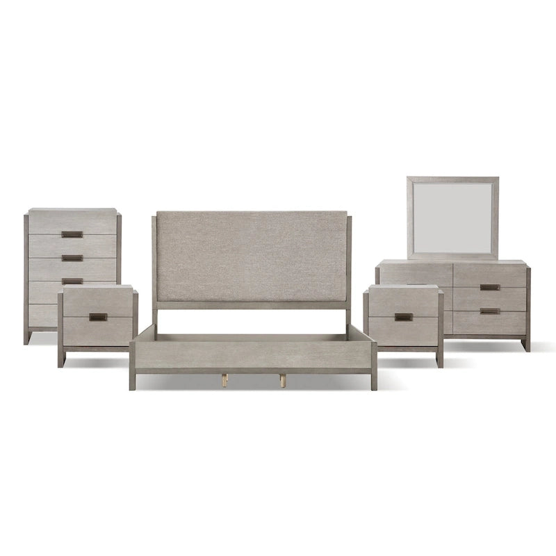 Ensemble de chambre à coucher 6 pièces Cruz de Furniture of America, style contemporain, en bois massif gris, comprenant un lit, 2 tables de chevet, une commode, un chiffonnier et un miroir.
