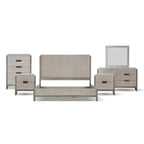 Ensemble de chambre à coucher 6 pièces Cruz de Furniture of America, style contemporain, en bois massif gris, comprenant un lit, 2 tables de chevet, une commode, un chiffonnier et un miroir.