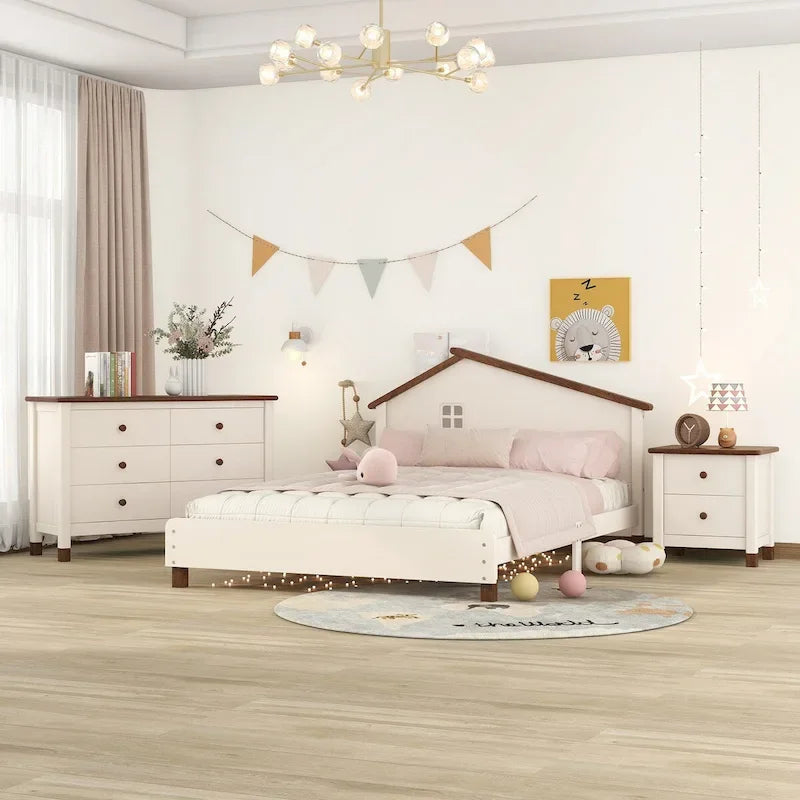 Ensemble de chambre à coucher 3 pièces comprenant un lit plateforme double, une table de chevet et une commode de rangement, blanc et gris.