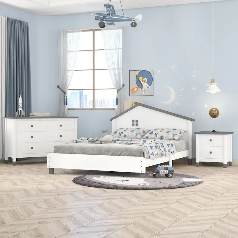 Set Camera da Letto 3 Pezzi, Letto con Piattaforma Matrimoniale, Comodino e Cassettiera, Bianco+Grigio
