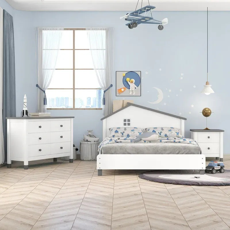 Ensemble de chambre à coucher 3 pièces comprenant un lit plateforme double, une table de chevet et une commode de rangement, blanc et gris.