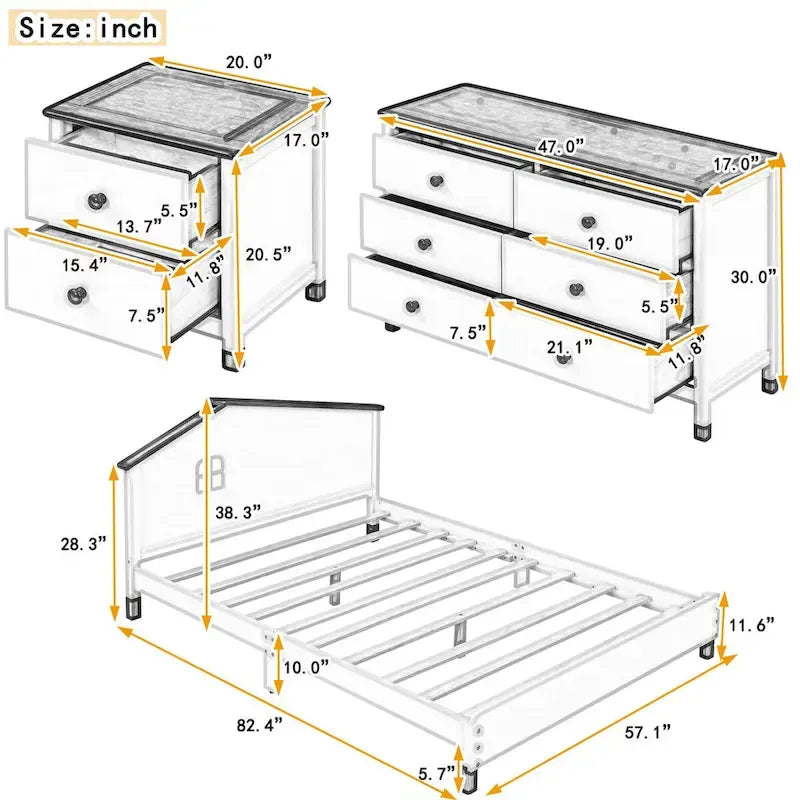 Ensemble de chambre à coucher 3 pièces comprenant un lit plateforme double, une table de chevet et une commode de rangement, blanc et gris.