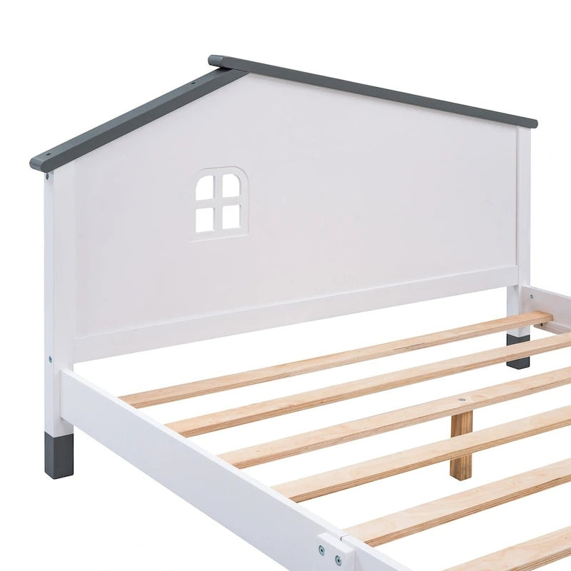 Ensemble de chambre à coucher 3 pièces comprenant un lit plateforme double, une table de chevet et une commode de rangement, blanc et gris.