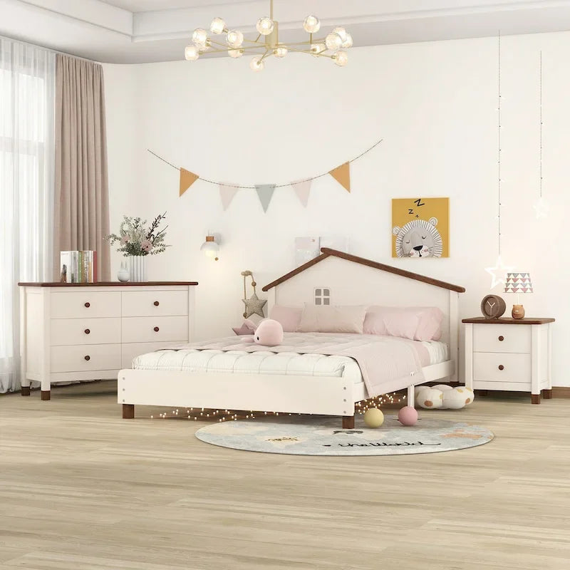 Ensemble de chambre à coucher 3 pièces comprenant un lit plateforme double, une table de chevet et une commode de rangement, blanc et gris.