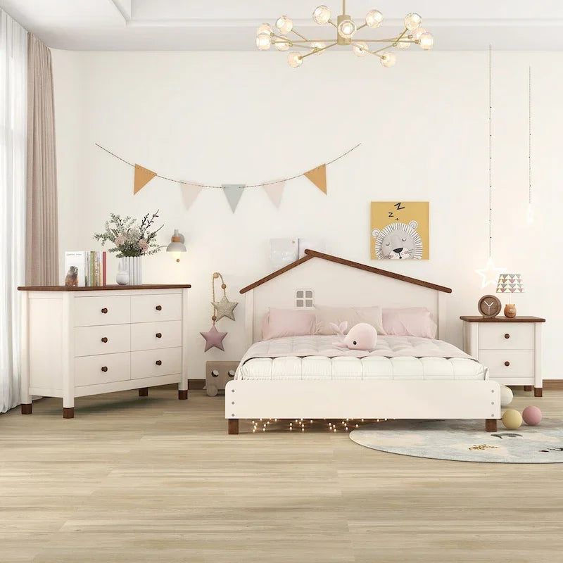 Ensemble de chambre à coucher 3 pièces comprenant un lit plateforme double, une table de chevet et une commode de rangement, blanc et gris.