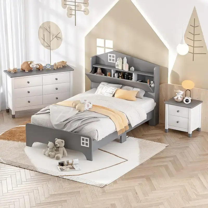 Ensemble de chambre 3 pièces comprenant un lit cabane simple avec tête de lit de rangement, une table de chevet en bois et une commode de rangement, gris