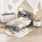 Ensemble de chambre 3 pièces comprenant un lit cabane simple avec tête de lit de rangement, une table de chevet en bois et une commode de rangement, gris