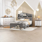 Ensemble de chambre 3 pièces comprenant un lit cabane simple avec tête de lit de rangement, une table de chevet en bois et une commode de rangement, gris