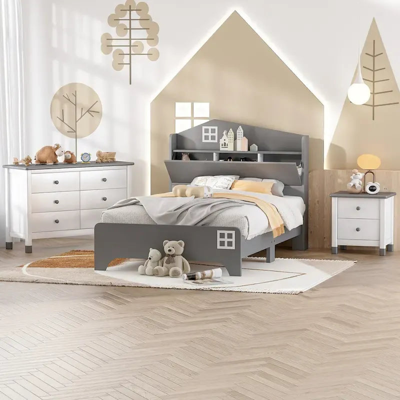 Ensemble de chambre 3 pièces comprenant un lit cabane simple avec tête de lit de rangement, une table de chevet en bois et une commode de rangement, gris