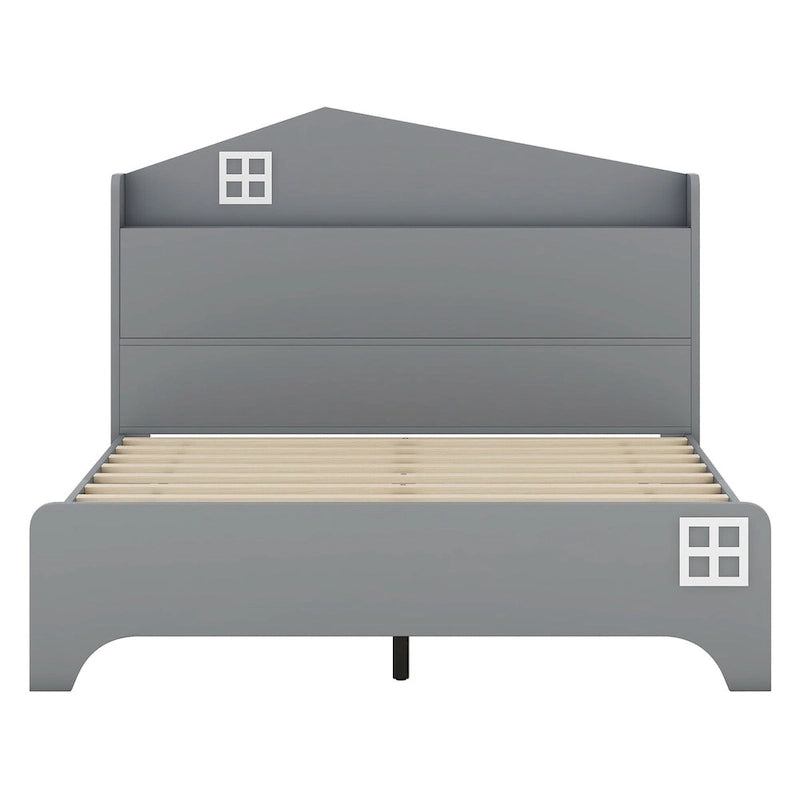 Ensemble de chambre 3 pièces comprenant un lit cabane simple avec tête de lit de rangement, une table de chevet en bois et une commode de rangement, gris