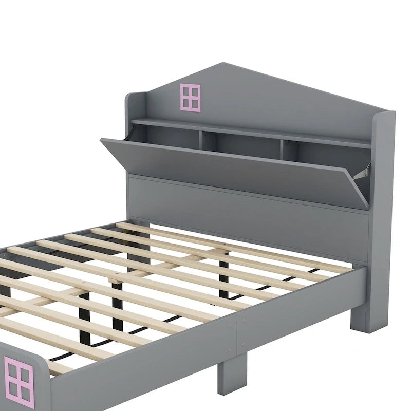 Ensemble de chambre 3 pièces comprenant un lit cabane simple avec tête de lit de rangement, une table de chevet en bois et une commode de rangement, gris