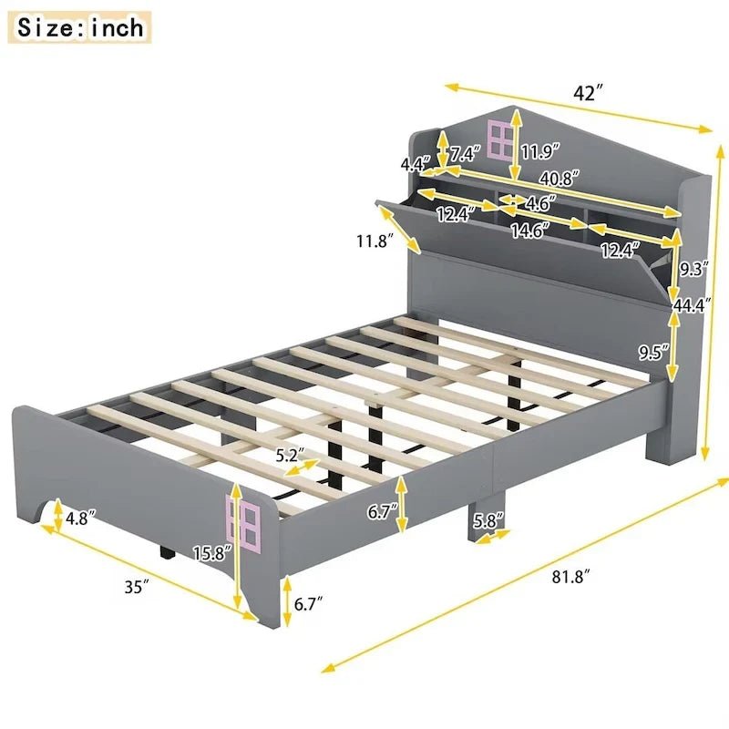 Ensemble de chambre 3 pièces comprenant un lit cabane simple avec tête de lit de rangement, une table de chevet en bois et une commode de rangement, gris