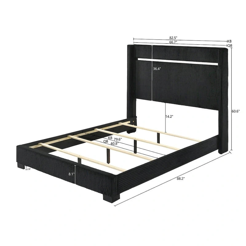 Ensemble de chambre à coucher Pedro 6 pièces en velours noir capitonné