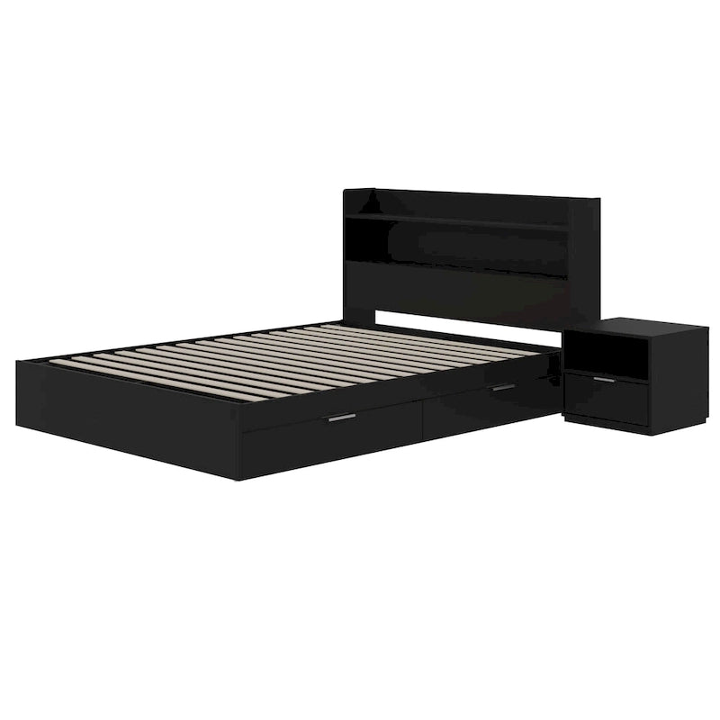 Lit plateforme Hunter avec tête de lit et table de chevet à 1 tiroir