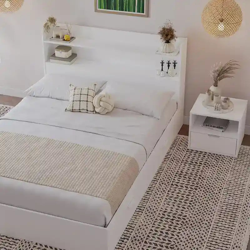 Lit plateforme Hunter avec tête de lit et table de chevet à 1 tiroir