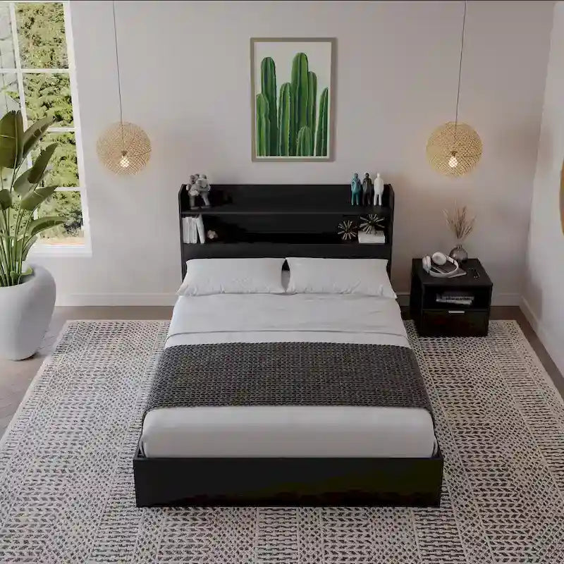 Lit plateforme Hunter avec tête de lit et table de chevet à 1 tiroir