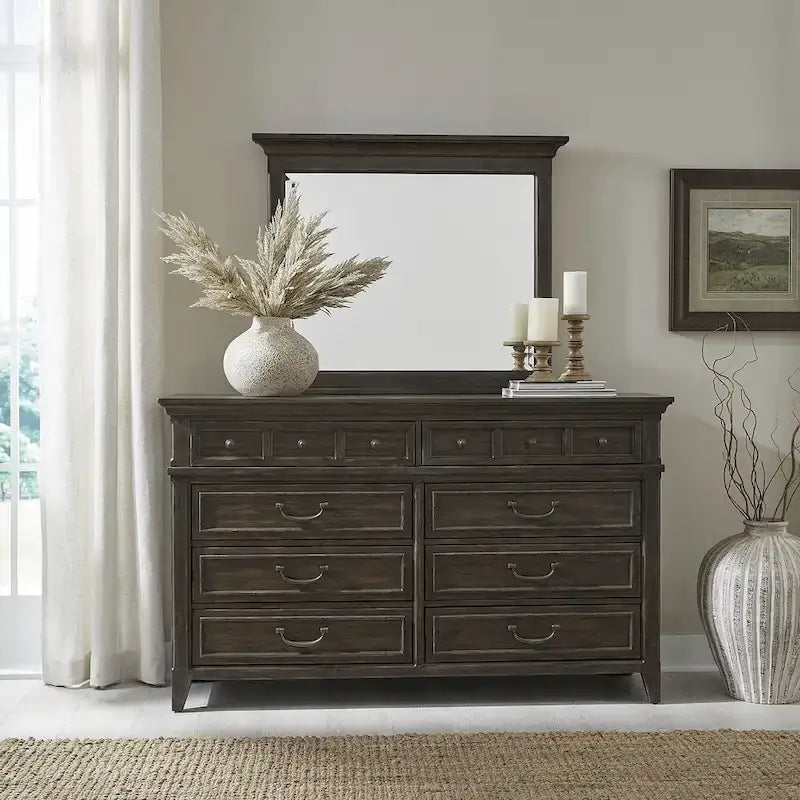 Ensemble lit, commode et miroir rembourrés marron selle Paradise Valley