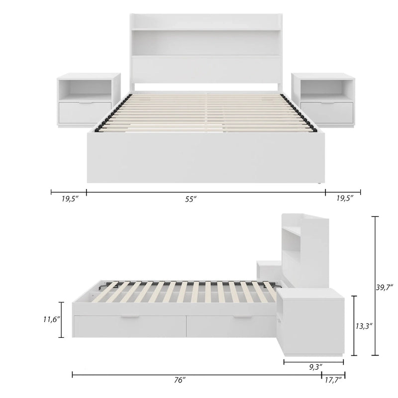Lit plateforme Hunter avec tête de lit et 2 tables de chevet