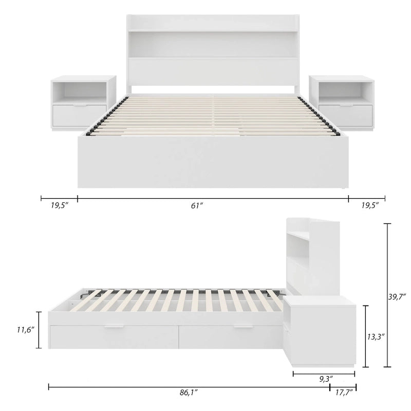 Lit plateforme Hunter avec tête de lit et 2 tables de chevet