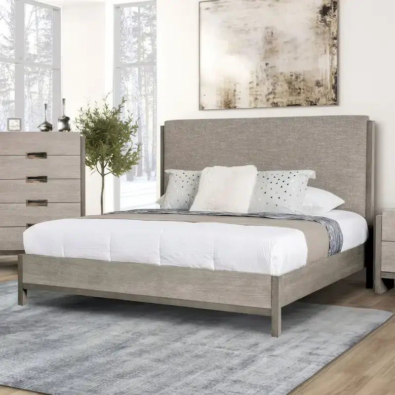 Ensemble de chambre à coucher 5 pièces Cruz de Furniture of America, composé d'un lit contemporain en bois massif gris, de 2 tables de chevet, d'une commode et d'un miroir.