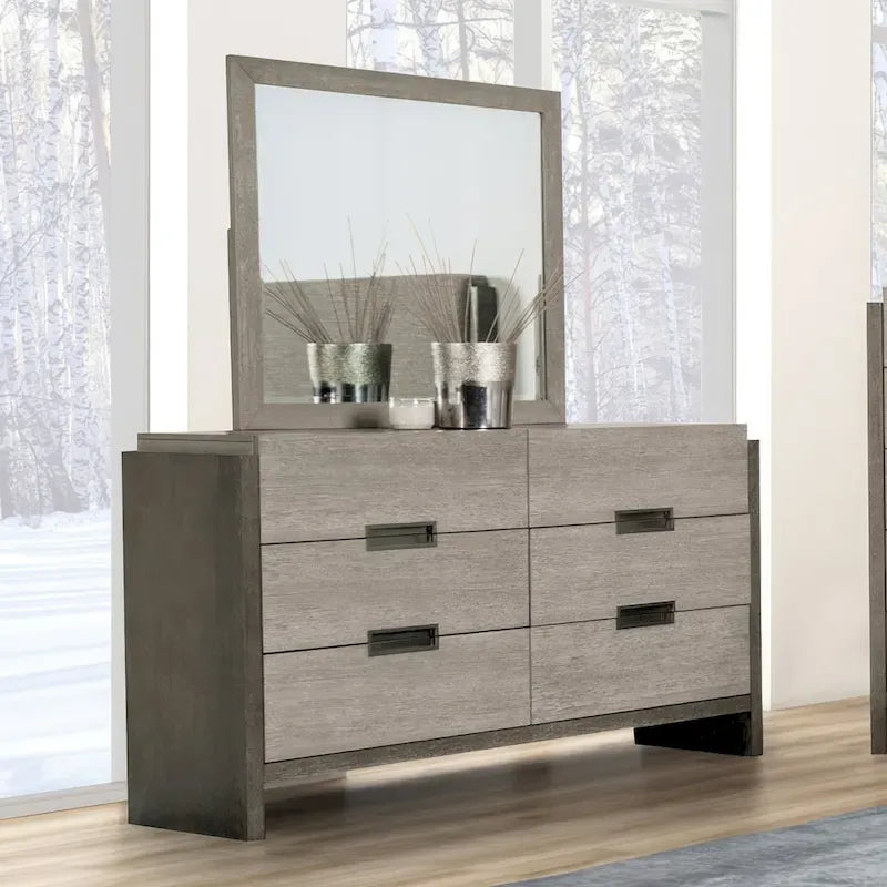 Ensemble de chambre à coucher 5 pièces Cruz de Furniture of America, composé d'un lit contemporain en bois massif gris, de 2 tables de chevet, d'une commode et d'un miroir.