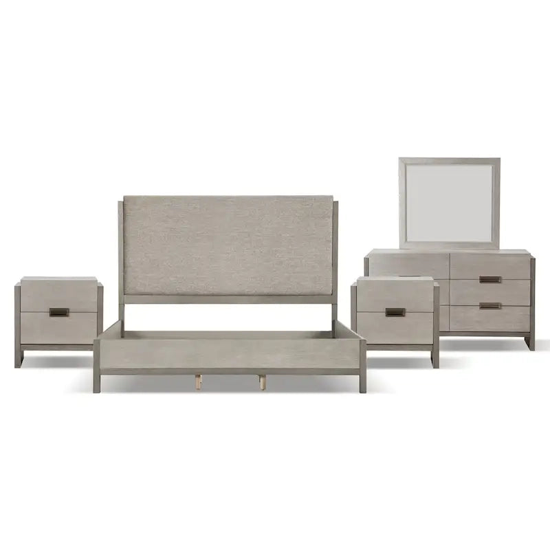 Ensemble de chambre à coucher 5 pièces Cruz de Furniture of America, composé d'un lit contemporain en bois massif gris, de 2 tables de chevet, d'une commode et d'un miroir.