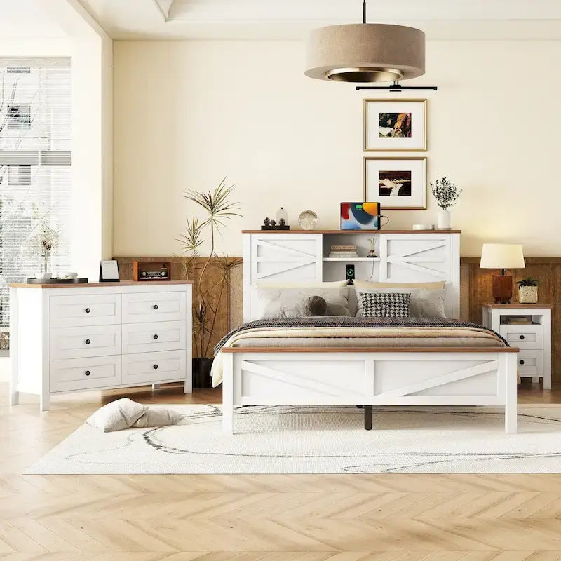 Ensemble de chambre à coucher 3 pièces : lit plateforme style ferme avec table de chevet et commode