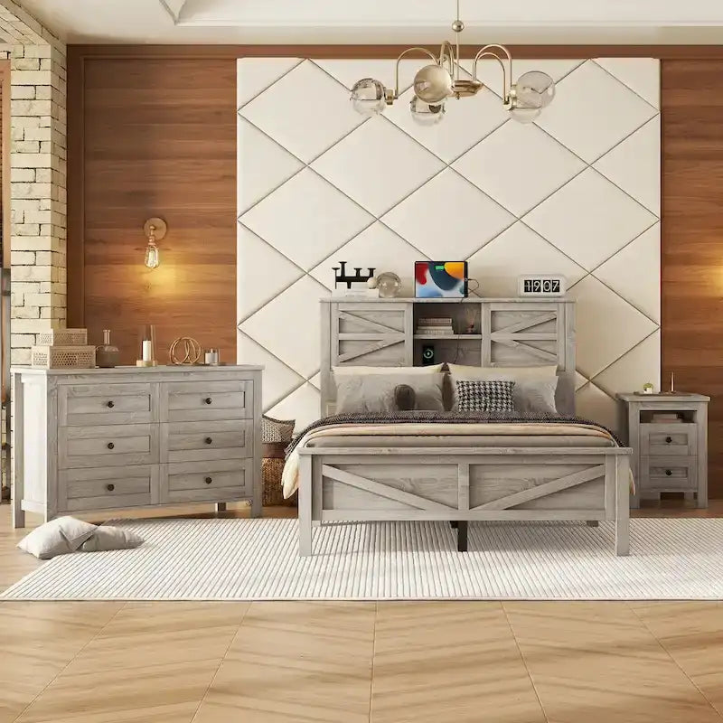 Ensemble de chambre à coucher 3 pièces : lit plateforme style ferme avec table de chevet et commode
