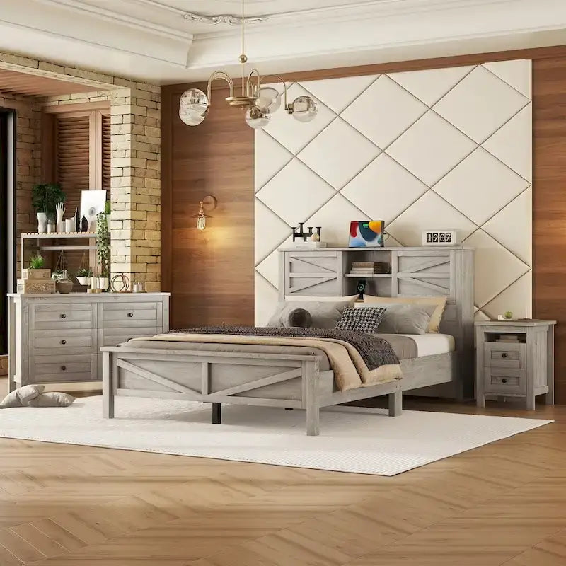 Ensemble de chambre à coucher 3 pièces : lit plateforme style ferme avec table de chevet et commode