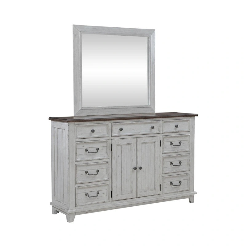 Ensemble lit, commode, miroir et table de chevet River Place Riverstone blanc et tabac