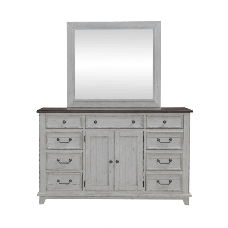 Ensemble lit, commode, miroir et table de chevet River Place Riverstone blanc et tabac