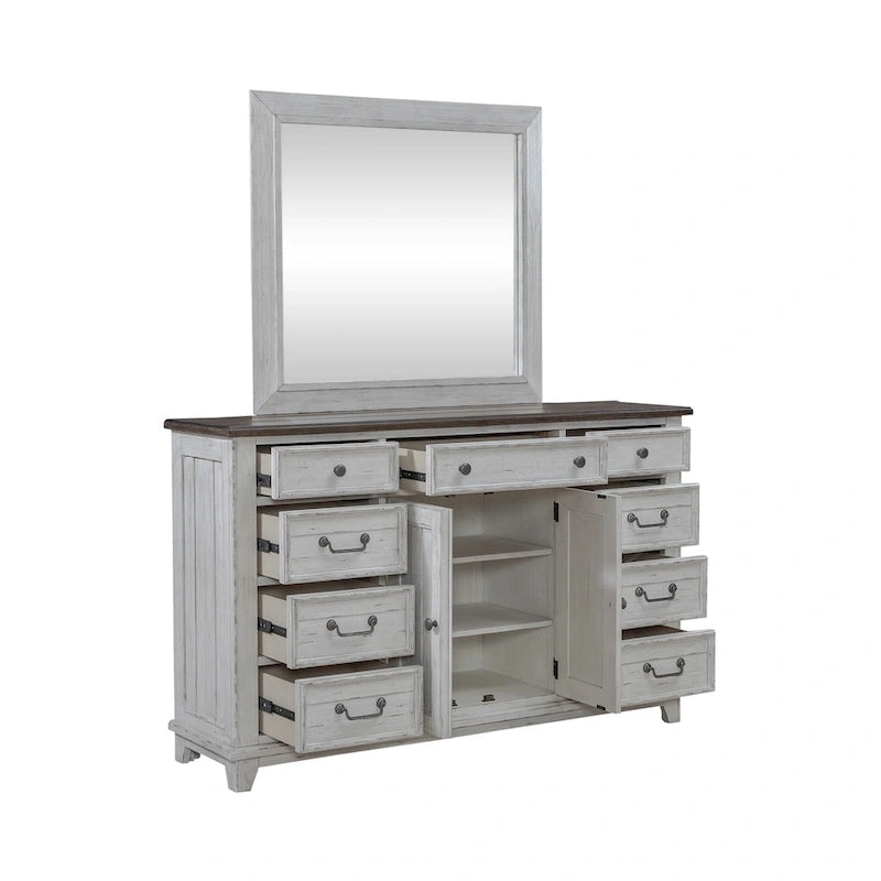 Ensemble lit, commode, miroir et table de chevet River Place Riverstone blanc et tabac