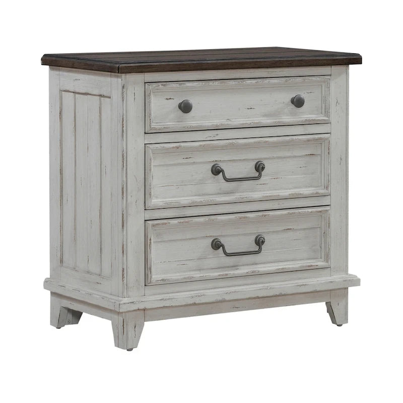 Ensemble lit, commode, miroir et table de chevet River Place Riverstone blanc et tabac