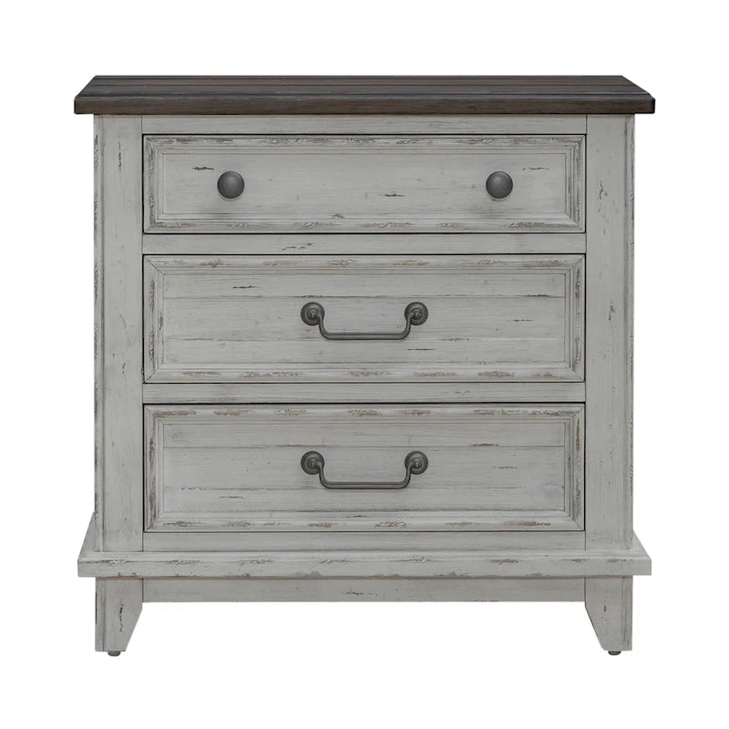 Ensemble lit, commode, miroir et table de chevet River Place Riverstone blanc et tabac
