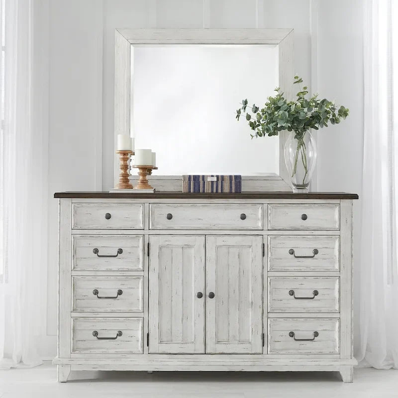 Ensemble lit, commode, miroir et table de chevet River Place Riverstone blanc et tabac
