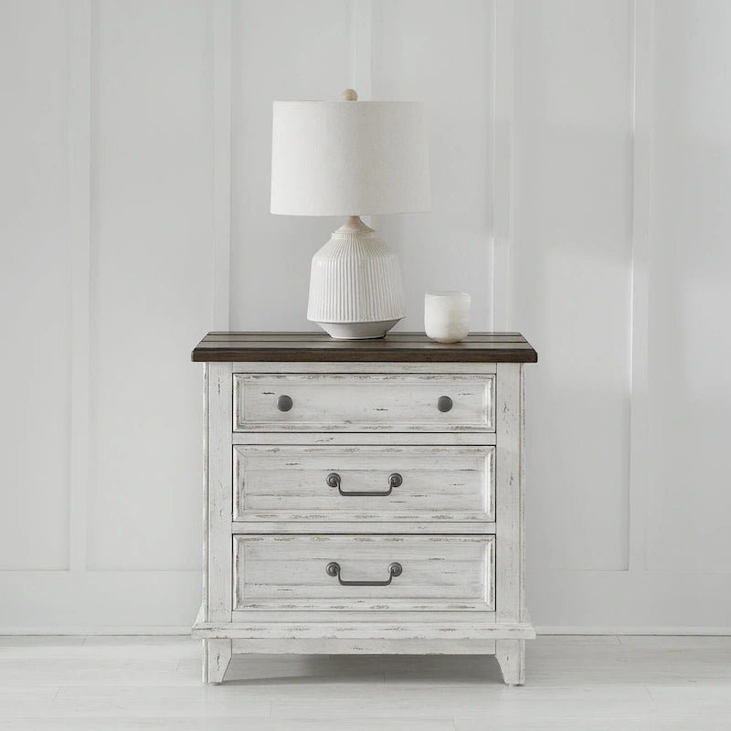 Ensemble lit, commode, miroir et table de chevet River Place Riverstone blanc et tabac