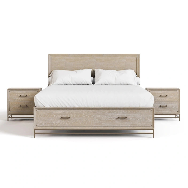 Ensemble de chambre à coucher Drayden Transitional en chêne massif de Furniture of America, composé d'un lit 3 pièces et de 2 tables de chevet.