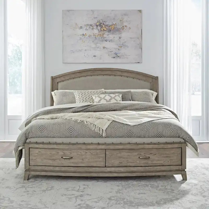 Ensemble de chambre à coucher Avalon en chêne beige bruni, lit de rangement rembourré, format king