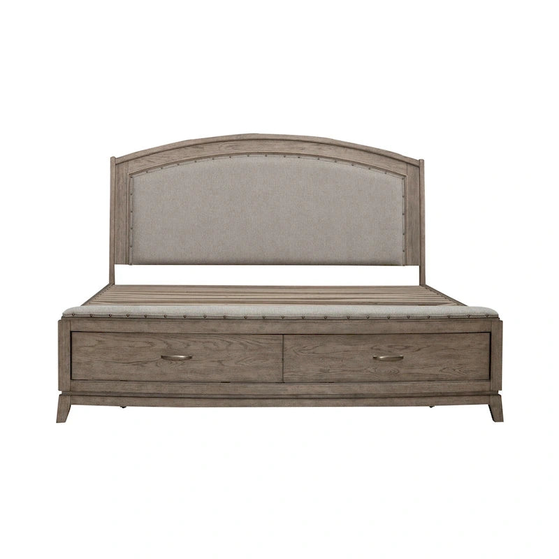Ensemble de chambre à coucher Avalon en chêne beige bruni, lit de rangement rembourré, format king
