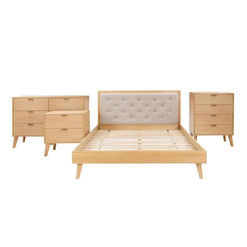 Ensemble de chambre à coucher Carter en bois naturel 4 pièces, format queen