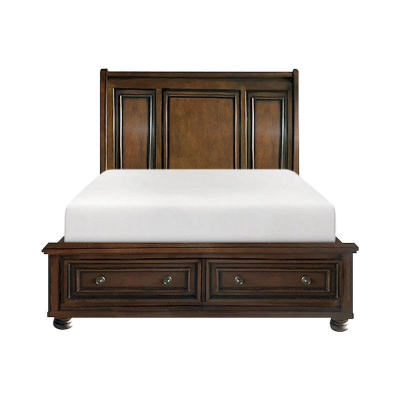 Ensemble de chambre à coucher 3 pièces, finition cerisier brun : lit plateforme avec rangement et deux tables de chevet