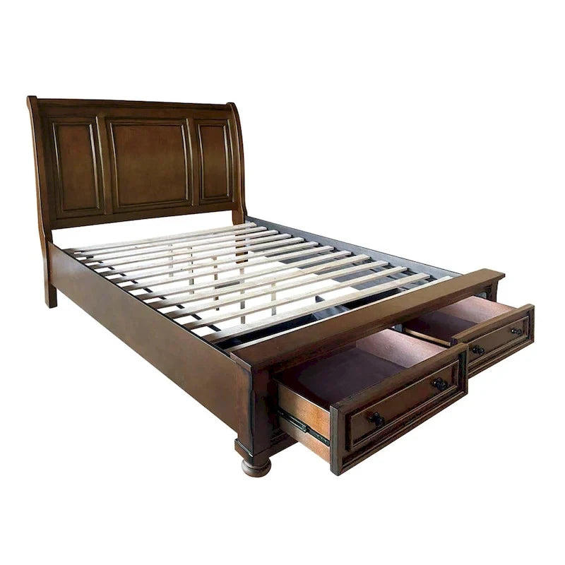 Ensemble de chambre à coucher 3 pièces, finition cerisier brun : lit plateforme avec rangement et deux tables de chevet