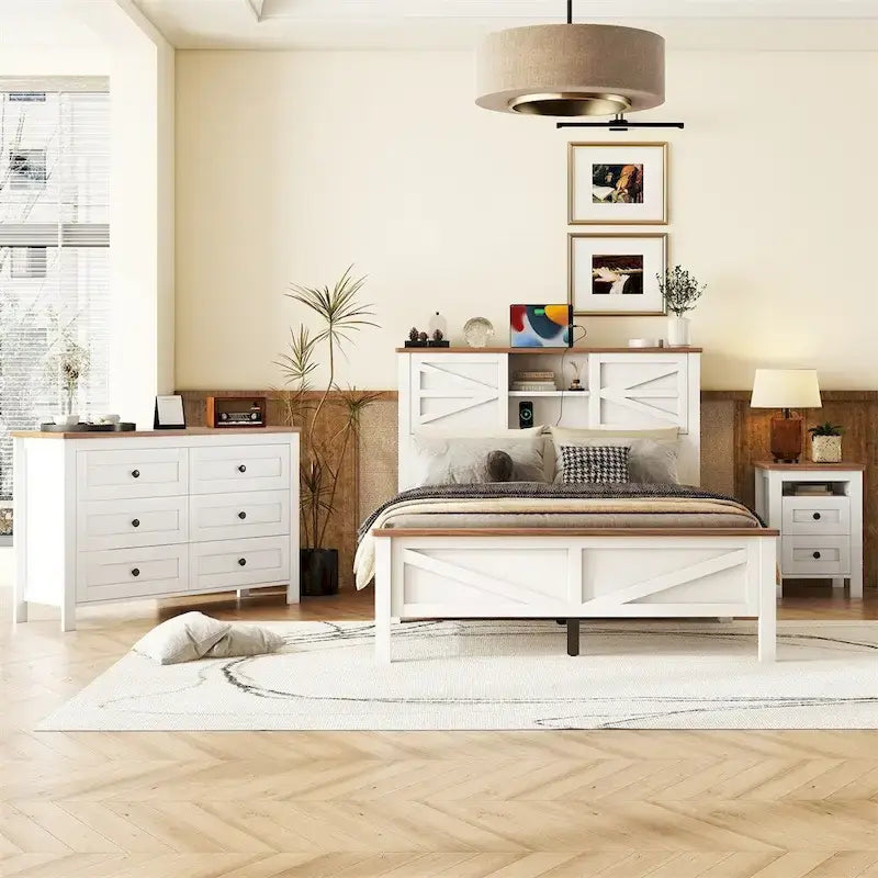 Ensemble de chambre à coucher comprenant un lit plateforme double avec station de recharge, une table de chevet et une commode (ensemble de 3 pièces)