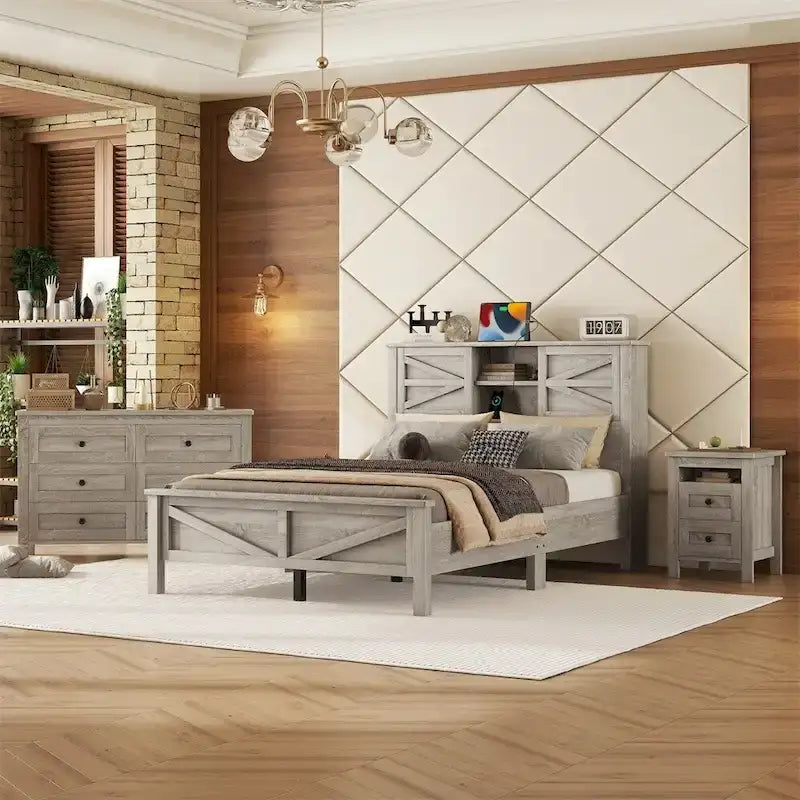 Ensemble de chambre à coucher comprenant un lit plateforme double avec station de recharge, une table de chevet et une commode (ensemble de 3 pièces)