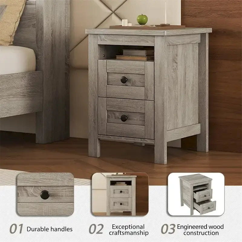 Ensemble de chambre à coucher comprenant un lit plateforme double avec station de recharge, une table de chevet et une commode (ensemble de 3 pièces)