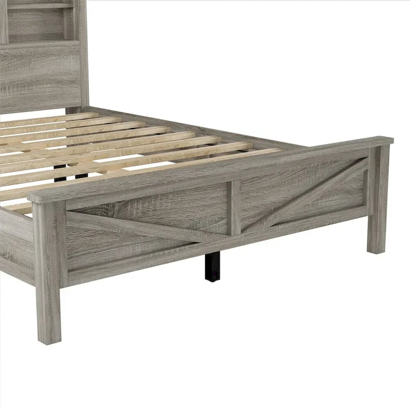 Ensemble de chambre à coucher comprenant un lit plateforme double avec station de recharge, une table de chevet et une commode (ensemble de 3 pièces)