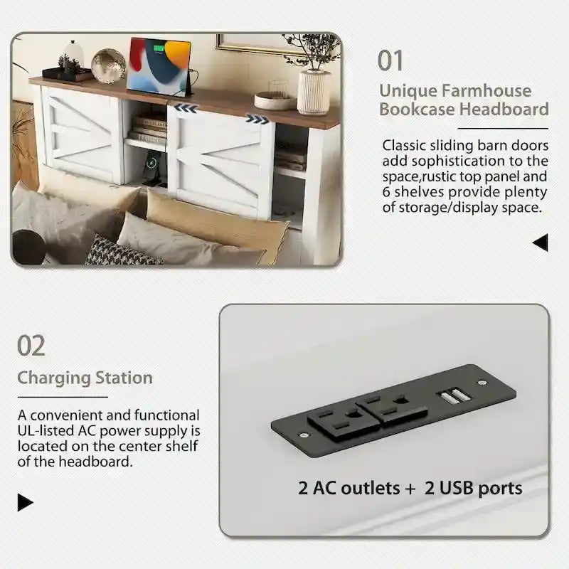 Ensemble de chambre à coucher comprenant un lit plateforme double avec station de recharge, une table de chevet et une commode (ensemble de 3 pièces)