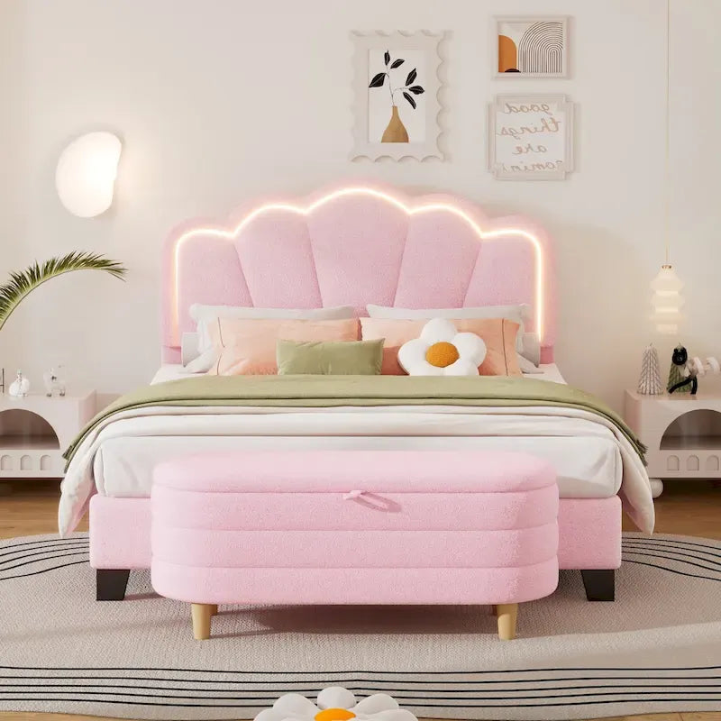 Ensemble de chambre 2 pièces : lit plateforme rembourré en forme de fleur avec éclairage LED et pouf de rangement en tissu sherpa (taille standard).